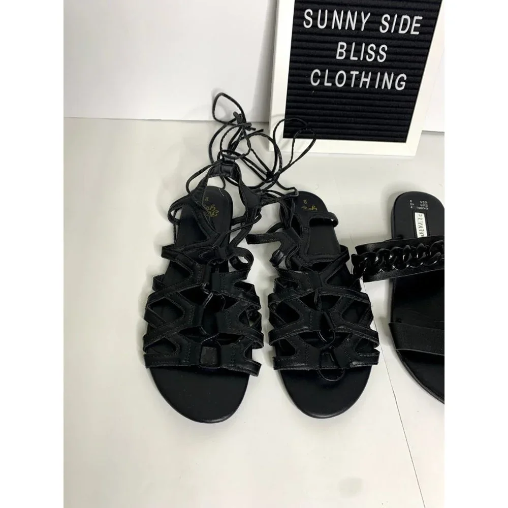Women's Black Flat Summer Sandals Lot of 2 Size 9 - Picture 2 of 8